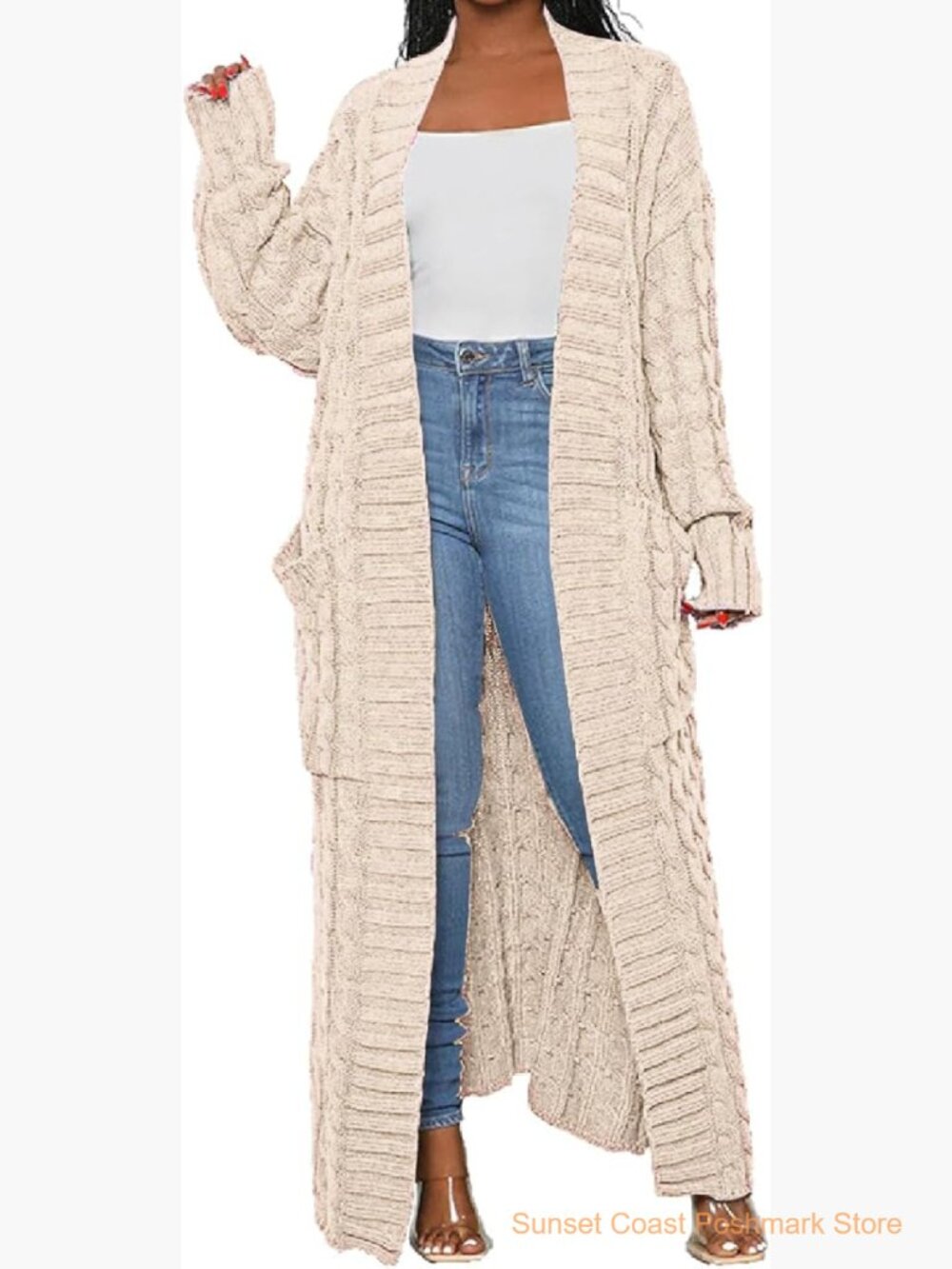 Thin Cable Knit Cardigan Open Front Long Sleeve with Pockets